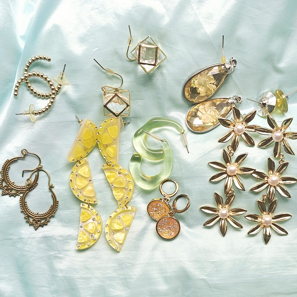 Gold and Yellow Geometric and Floral Earrings